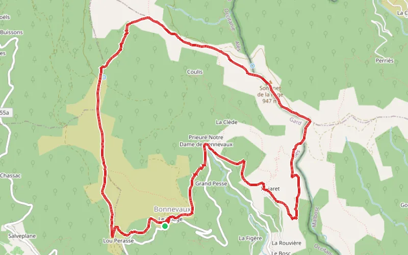 Tracé du parcours Landes, châtaigniers et anciennes drailles à Bonnevaux