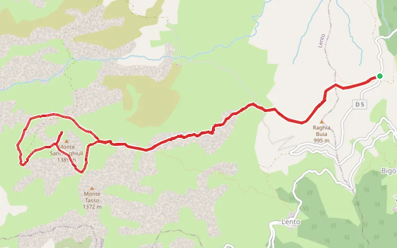 Tracé du parcours Mont Sant'Anghjulu et Refuge de Lento depuis le Col de Bigorno