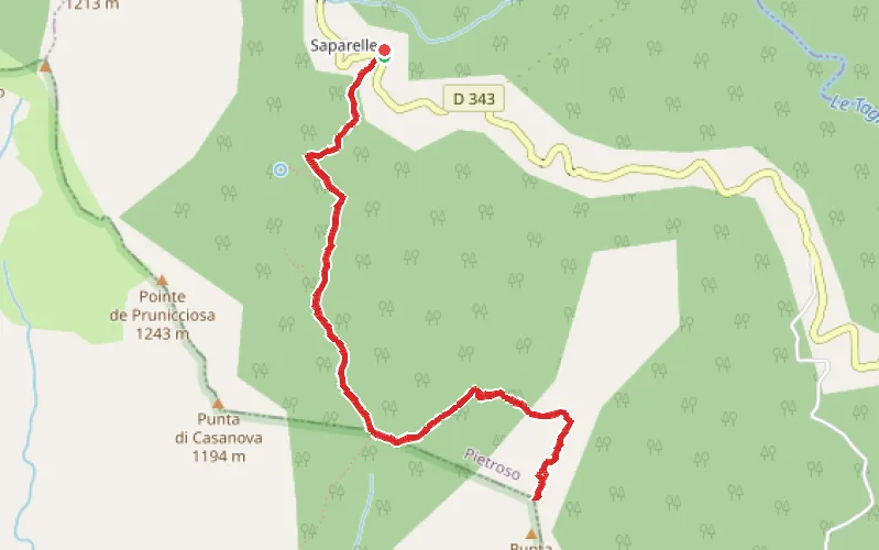 Tracé du parcours Punta Logoniello, depuis le hameau de Saparelle sur la commune de Pietroso