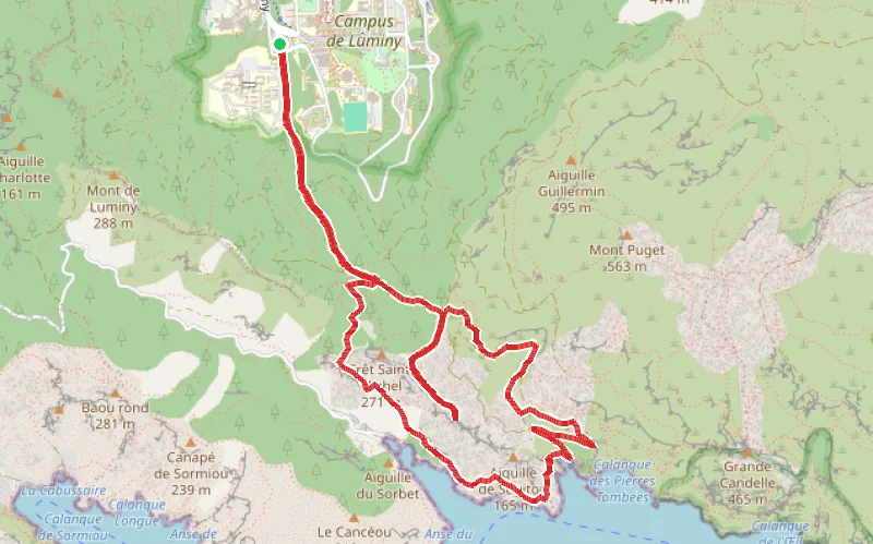 Tracé du parcours Morgiou - Sugiton - La Falaise des Toits - Le Belvédère