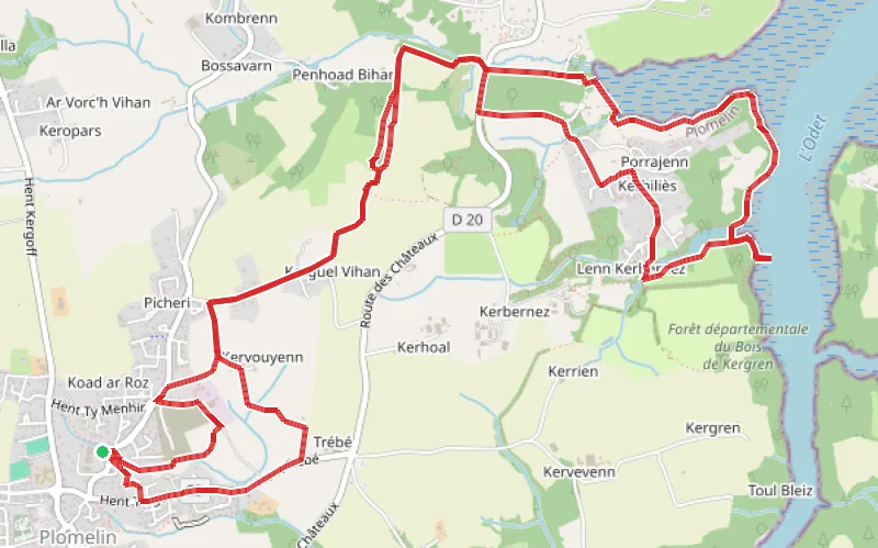 Tracé du parcours L'Anse de Kerdour et l'Etang de Kerbernez par la campagne de Plomelin
