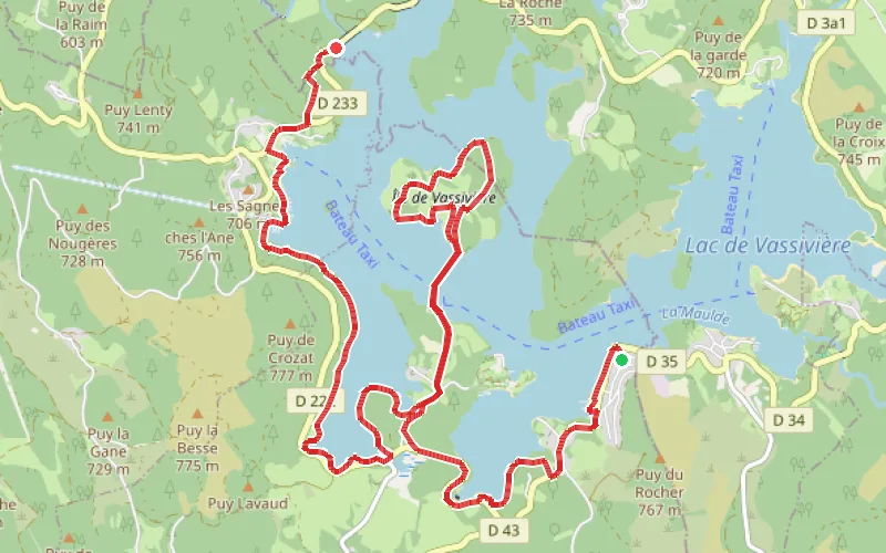 Tracé du parcours Nergout - Barrage de Vassivière