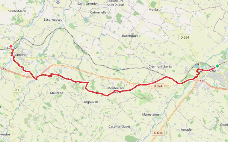 Tracé du parcours De L'Isle-Jourdain à Gimont par le chemin de Compostelle