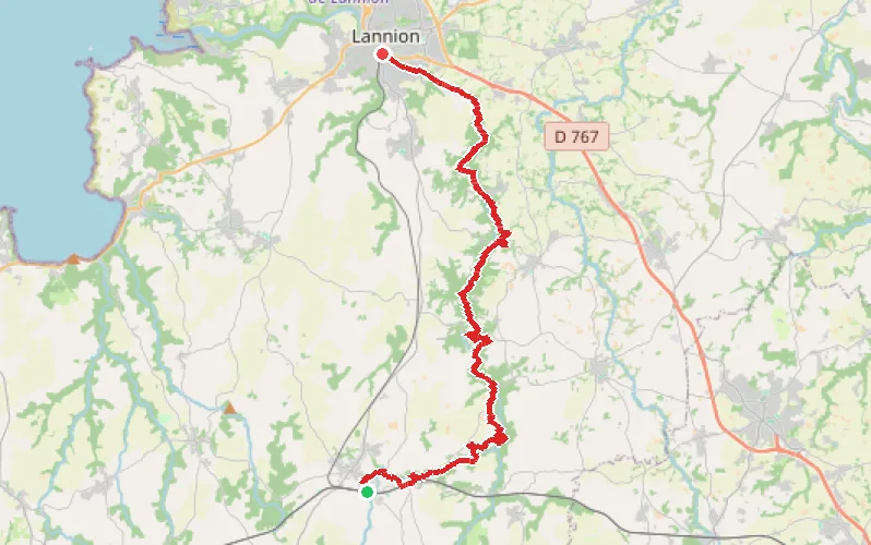 Tracé du parcours De Plouaret à Lannion en longeant le Léguer