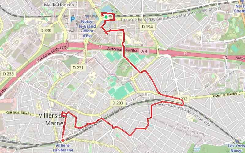 Tracé du parcours De Noisy-le-Grand à Villiers-sur-Marne par les Arènes de Picasso