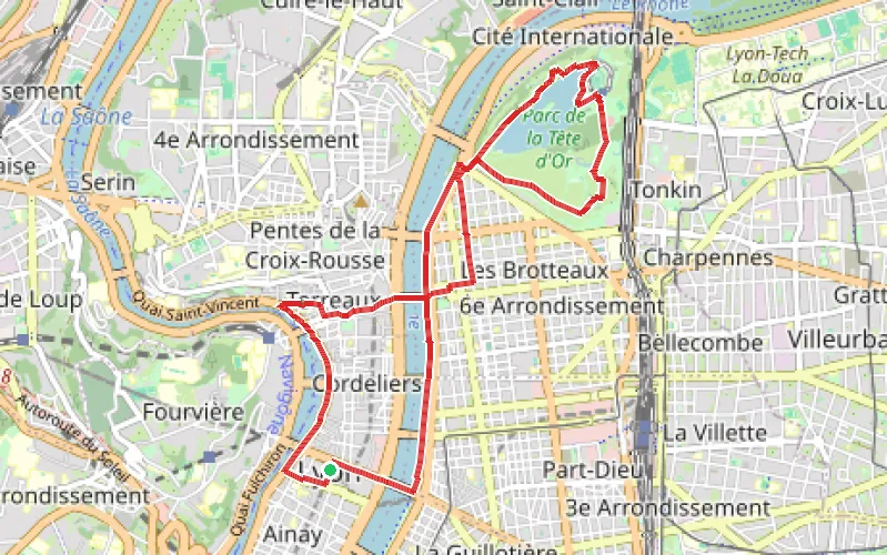 Tracé du parcours De la Place Bellecour au Parc de la Tête d'Or à Lyon