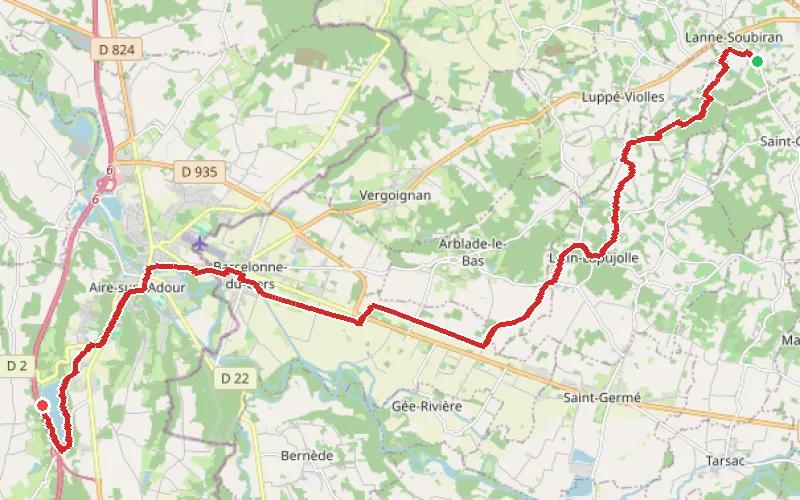 Tracé du parcours Lanne Soubiran - Aire-sur-l'Adour