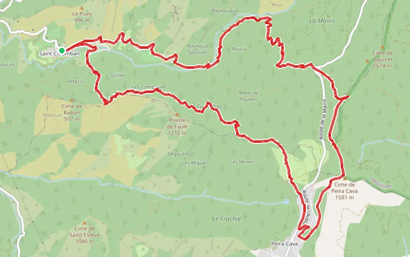 Tracé du parcours De Saint-Colomban à Peïra-Cava par la Forêt de la Maïris