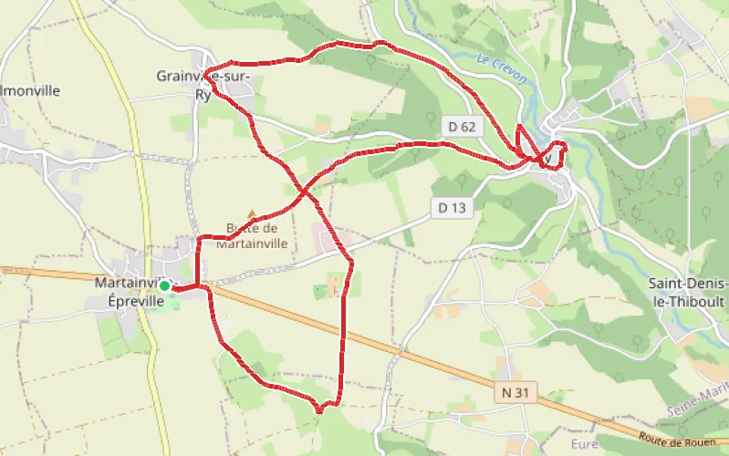Tracé du parcours En vallée du Crevon au départ du château de Martainville