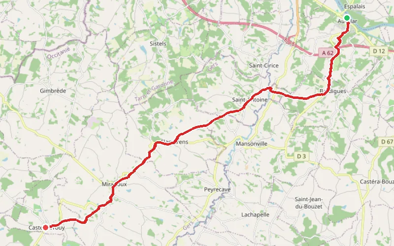Tracé du parcours Auvillar - Castet Arrouy
