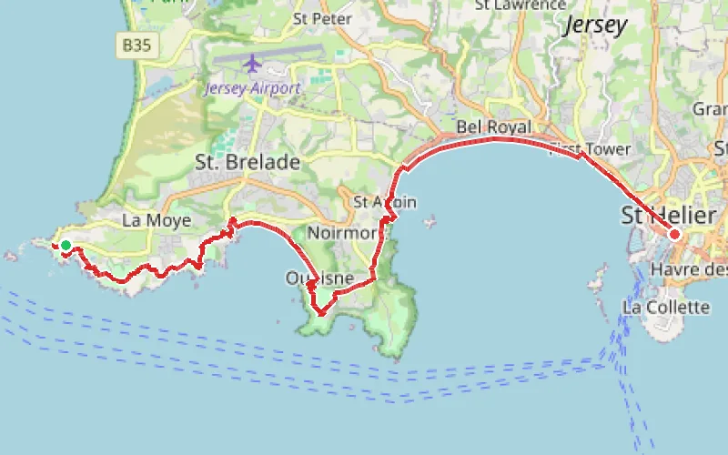 Tracé du parcours Côte sud-Ouest de l'Île de Jersey