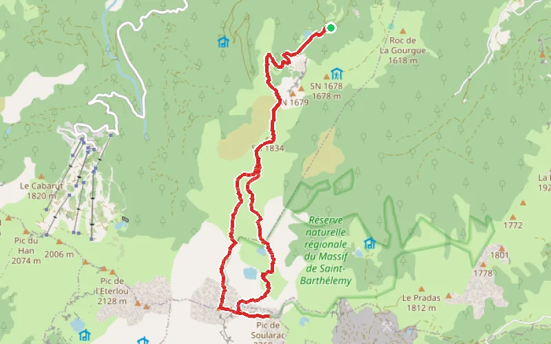 Tracé du parcours Étang de Moulzoune - Pic de Soularac - Pic de Saint-Barthélémy