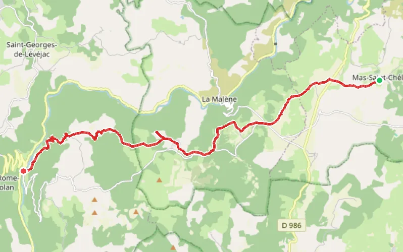 Tracé du parcours De Mas-Saint-Chély aux Vignes, au-dessus des Gorges du Tarn