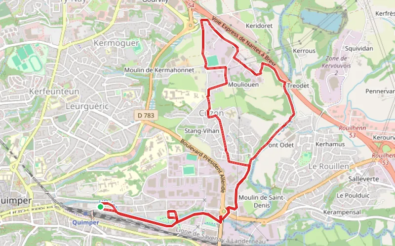 Tracé du parcours Bord de l'Odet et les hauteurs de Cuzon
