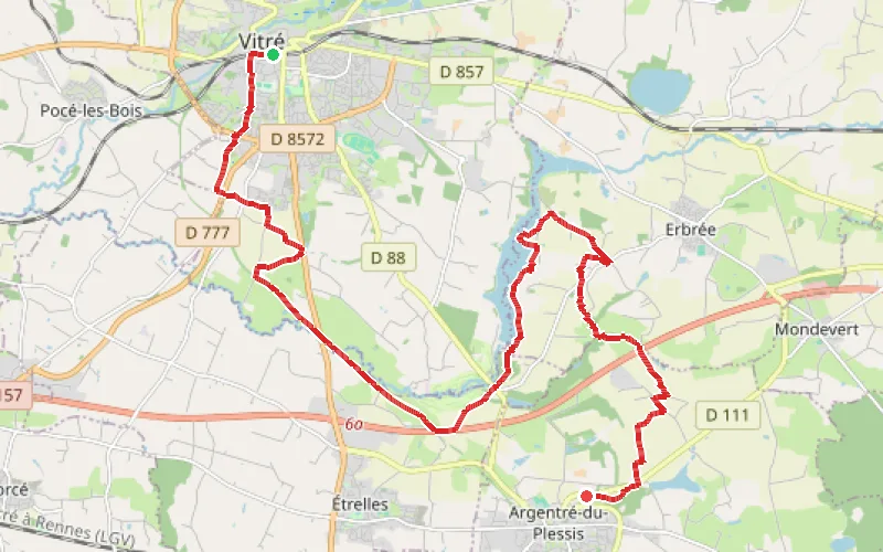 Tracé du parcours De Vitré à Argentré-du-Plessis par le plan d'eau de la Valière