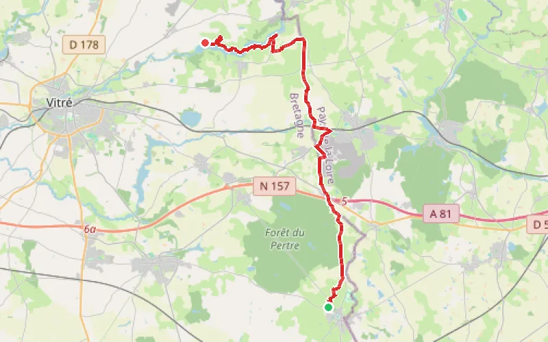 Tracé du parcours Du Pertre à la base de loisirs de la Haute-Vilaine