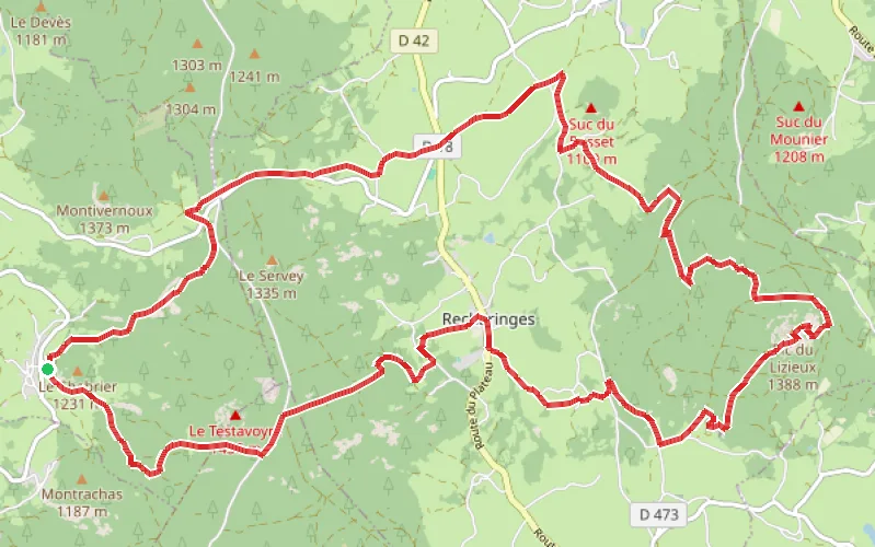 Tracé du parcours Le Meygal et le Pic du Lisieux depuis Monedeyres