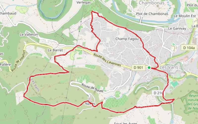 Tracé du parcours De la garrigue aux schistes cévenols au départ des Vans