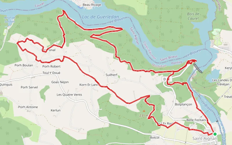 Tracé du parcours Lac de Guerlédan par le Barrage de Guerlédan et le Trou à Cochons