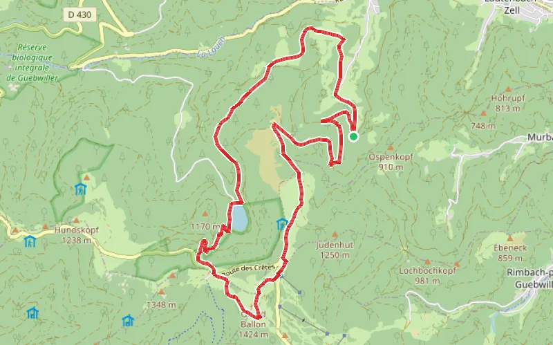 Tracé du parcours Le Grand Ballon par un lac et des cascades