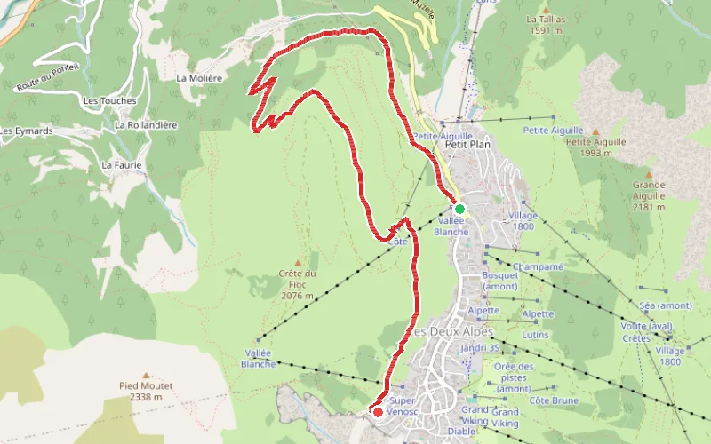 Tracé du parcours Des Deux Alpes Mont de Lans aux Deux Alpes Venosc via le Clos des Balmettes