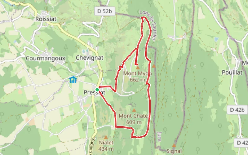Tracé du parcours Le Mont Myon et la Chapelle de Montfort depuis Pressiat