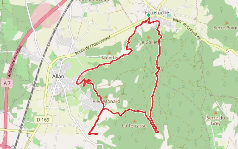 Tracé du parcours La Chapelle Barbara et le vieux village d'Allan au départ d'Espeluche