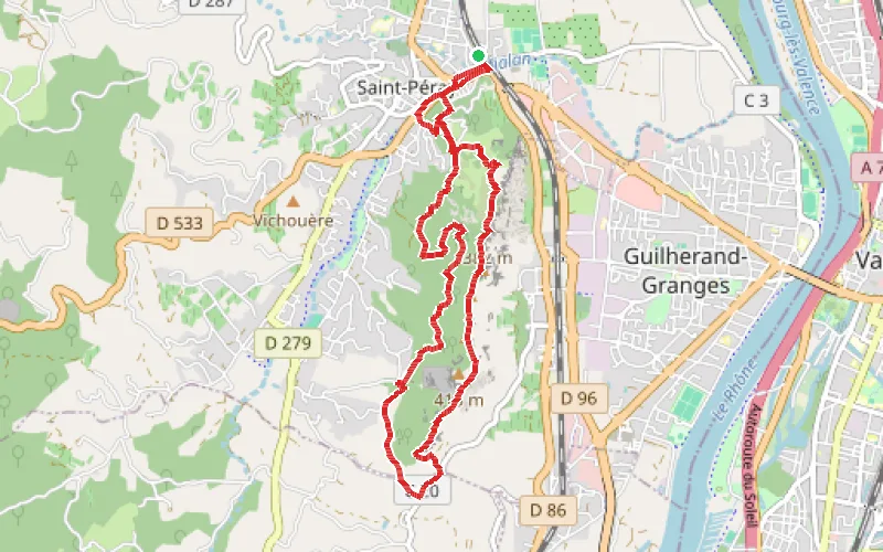 Tracé du parcours Les crêtes de Crussol retour par sous-bois depuis Saint-Peray