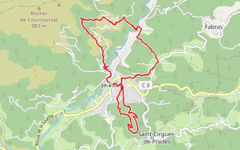Tracé du parcours Volcan de la Coupe de Jaujac et ses coulées basaltiques