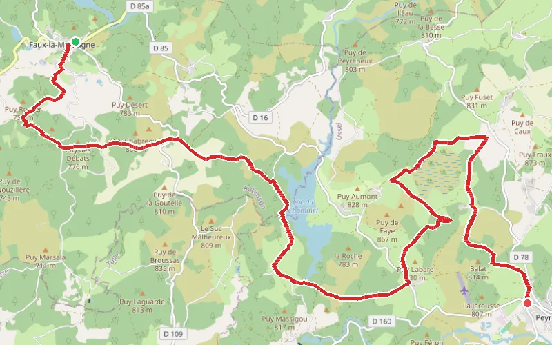 Tracé du parcours De Faux-la-Montagne à Peyrelevade