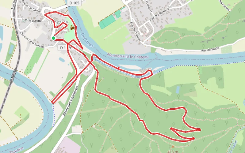 Tracé du parcours Le vieux Thoraise, le belvédère de Notre-Dame du Mont et le Canal Monsieur