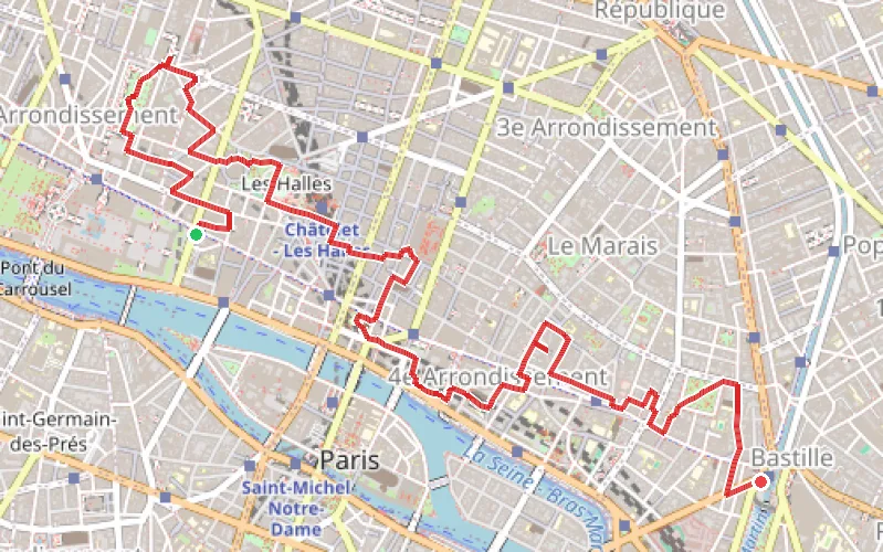 Tracé du parcours Du Louvre à la Bastille par la Tour Saint-Jacques