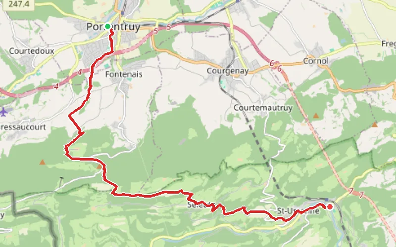 Tracé du parcours Porrentruy - Saint-Ursanne
