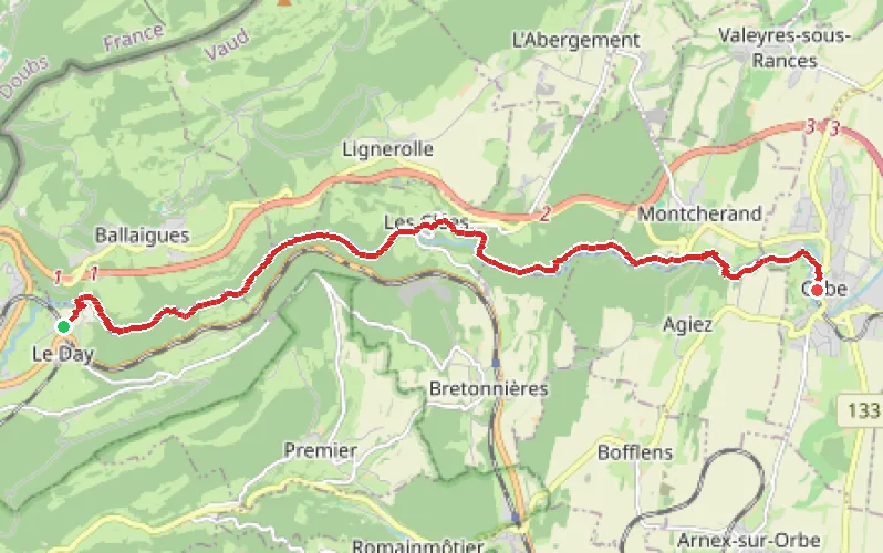 Tracé du parcours Les Gorges de l'Orbe du Day à Orbe par les Clées