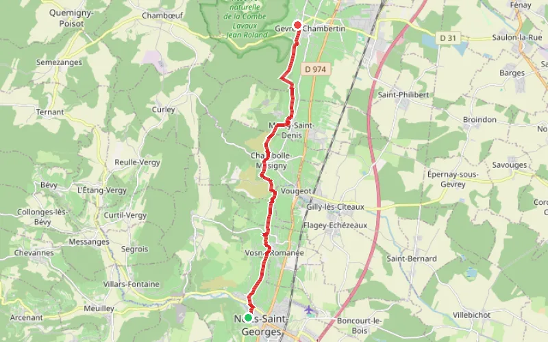 Tracé du parcours Nuits St Georges à Gevrey Chambertin - Route des Grands Crus