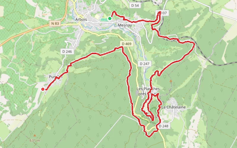 Tracé du parcours Arbois - Pupillin