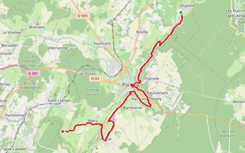 Tracé du parcours Pupillin- Miéry