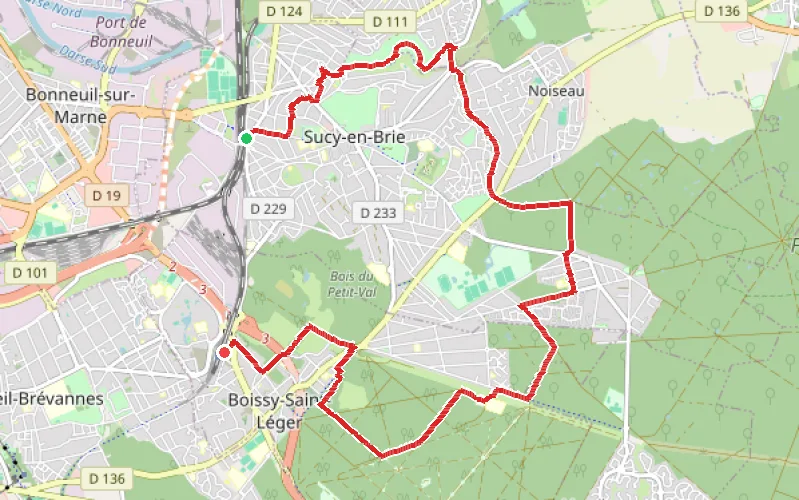 Tracé du parcours De Sucy-en-Brie à Boissy par les forêts de Notre-Dame et de Grosbois
