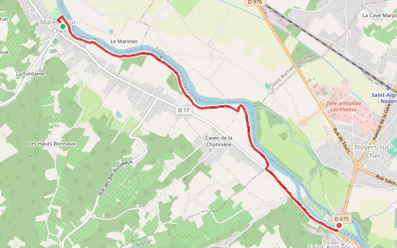 Tracé du parcours De Mareuil-sur-Cher à Saint-Aignan-sur-Cher en suivant la berge du Cher