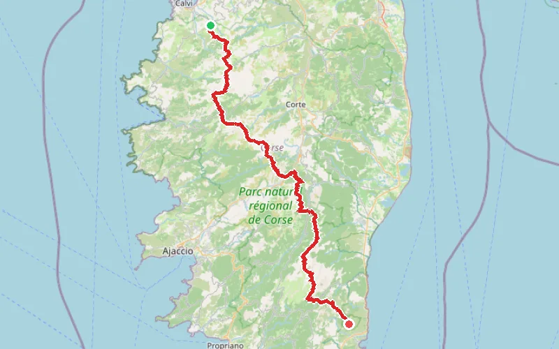 Tracé du parcours GR®20 de Calenzana à Conca en 13 jours