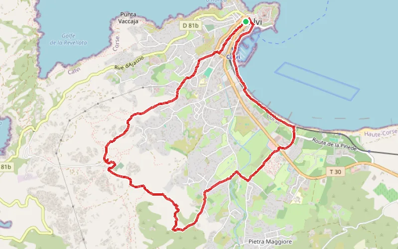 Tracé du parcours Notre-Dame della Serra depuis la Citadelle de Calvi