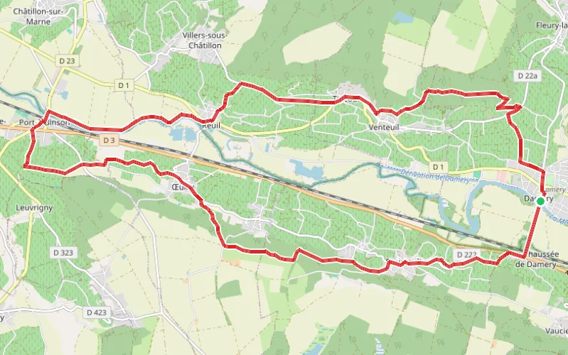 Tracé du parcours Dans la Vallée de la Marne au départ de Damery