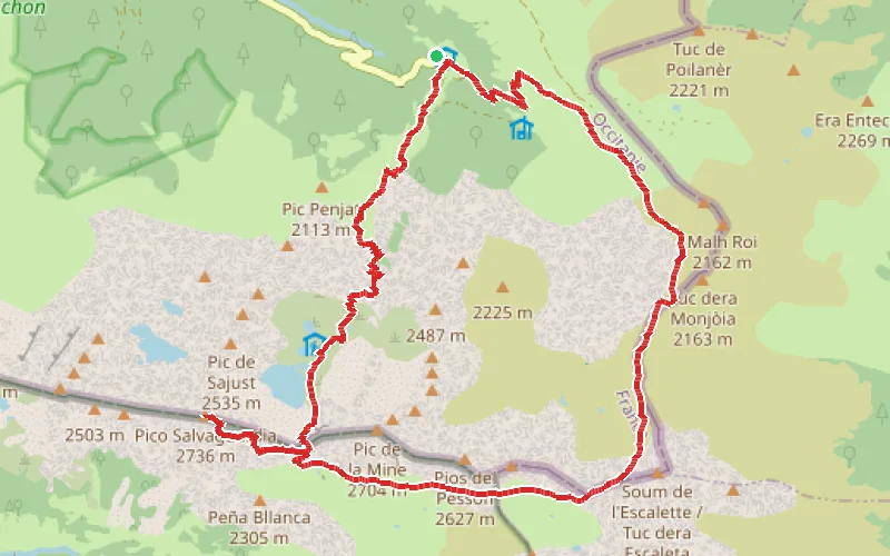 Tracé du parcours Pic de Sauvegarde par le Port de Vénasque, retour par le Pas de l'Escalette