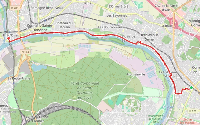 Tracé du parcours De Cormeilles à Conflans par les coteaux de la rive droite