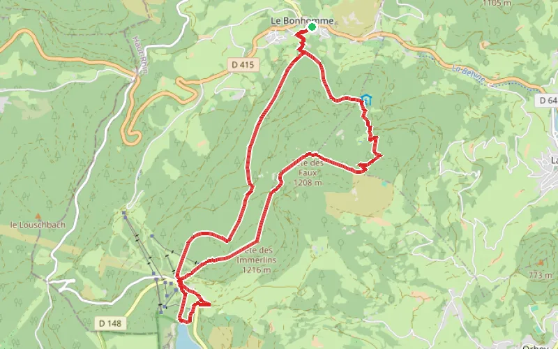 Tracé du parcours Du Bonhomme au Lac Blanc vers la Tête des Faux et l'Étang du Devin
