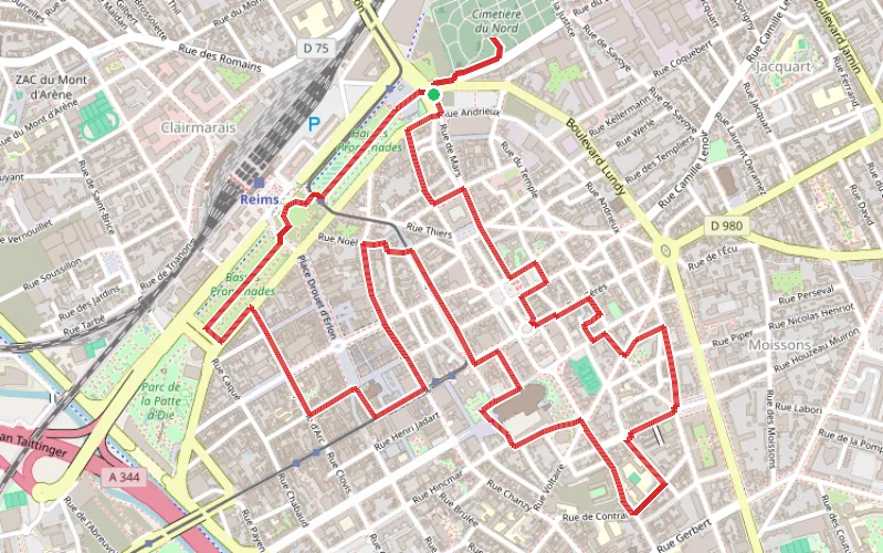 Tracé du parcours Reims à travers ses rues, ses façades, ses sculptures et autres curiosités