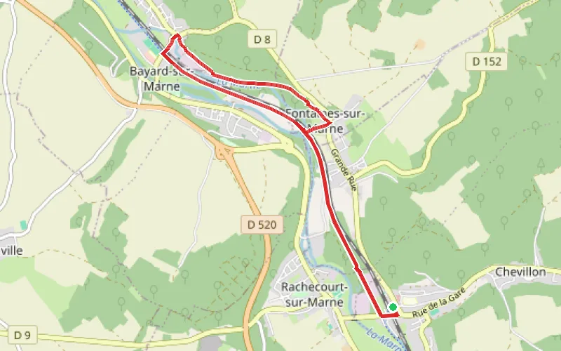 Tracé du parcours Bayard-sur-Marne par le bord du canal depuis Chevillon