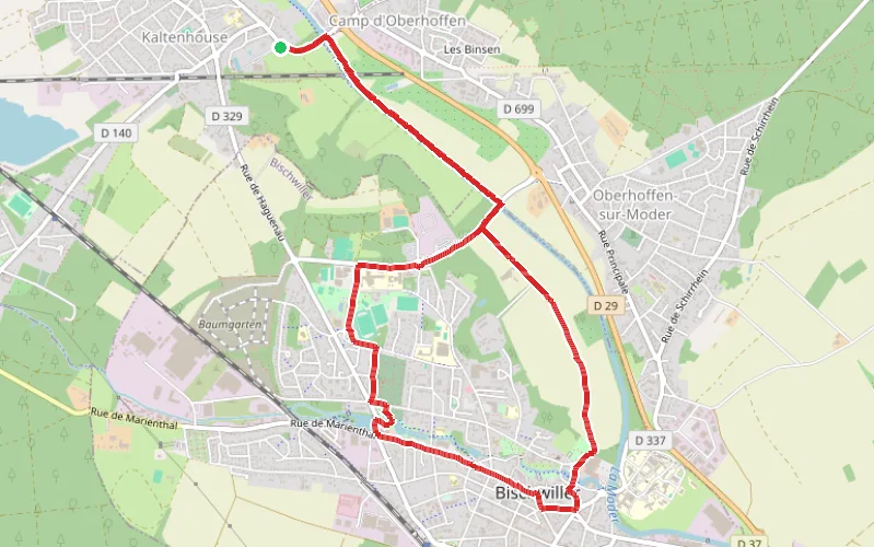 Tracé du parcours Le long de la Moder de Kaltenhouse à Bischwiller