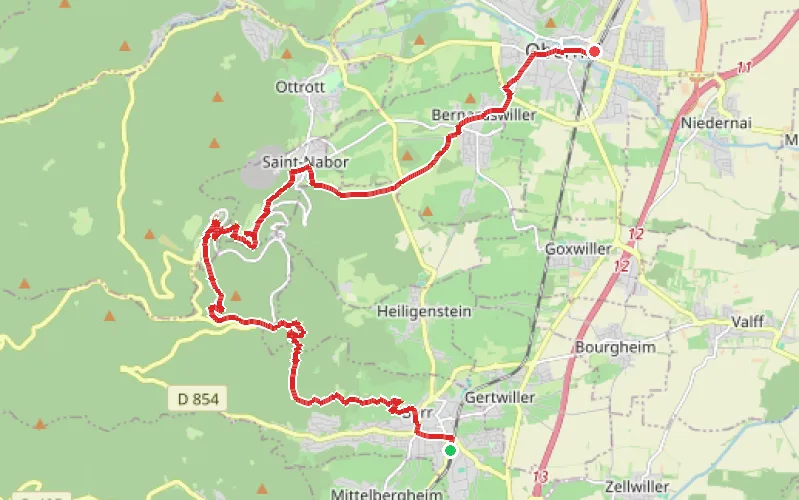 Tracé du parcours De Barr à Obernai en passant par le Mont Sainte-Odile