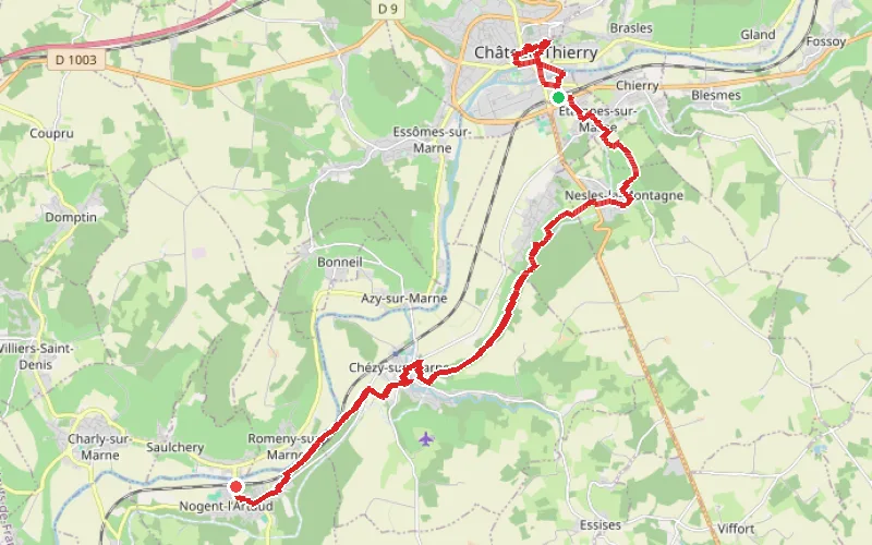 Tracé du parcours De Château-Thierry à Nogent-l'Artaud par la rive gauche de la Marne